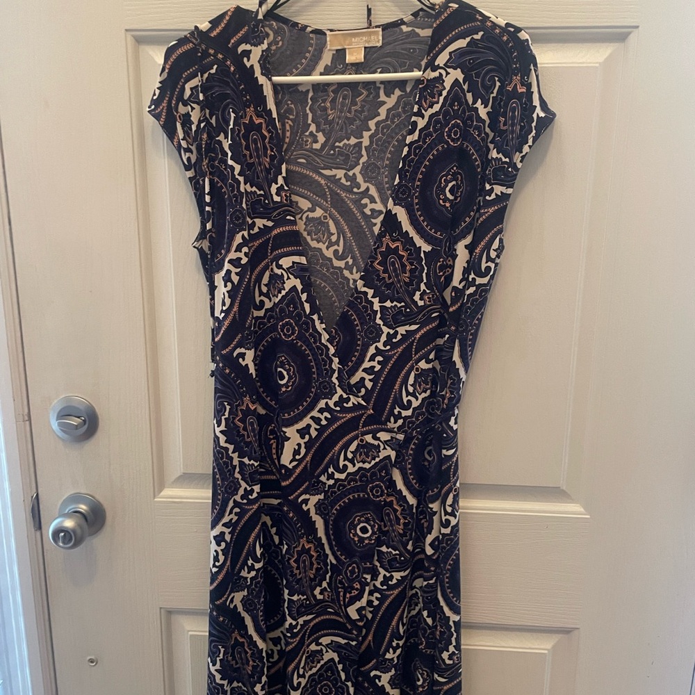 Michael Kors Blue and Cream Sheath Midi Dress